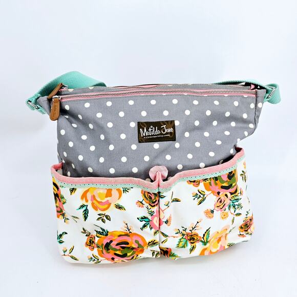 Matilda Jane Over The Moon Messenger Floral Diaper Bag & Pad Gray Teal - Picture 2 of 16